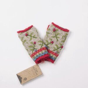 Lost Horizons Wool Handwarmers w/ Fleece Lining, Handcrafted Floral Embroidery